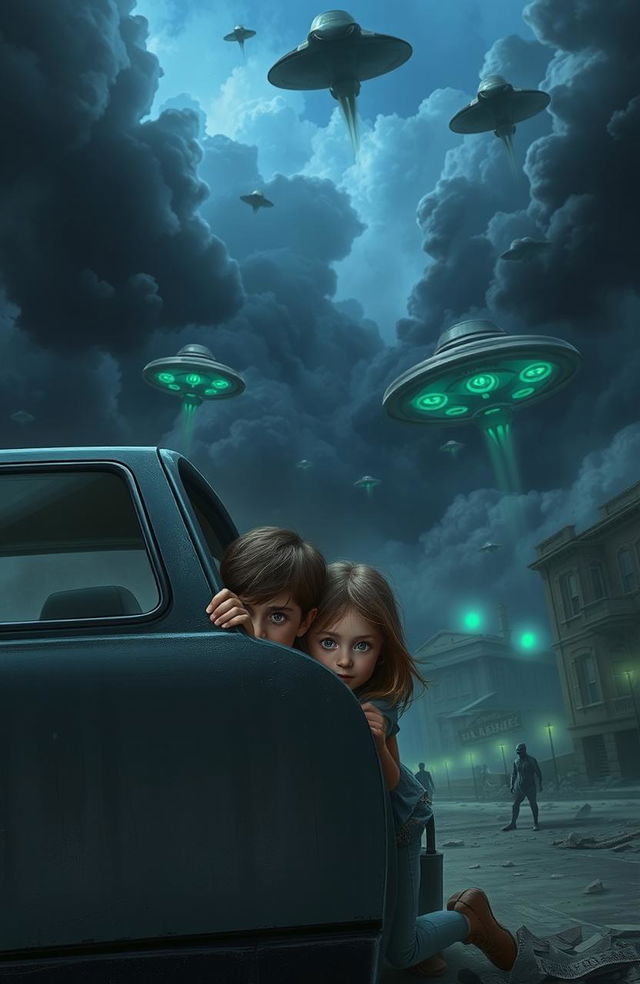 A thrilling scene depicting an alien invasion, with a young boy and girl hiding behind an abandoned car