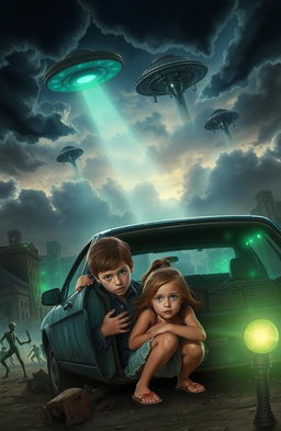 A thrilling scene depicting an alien invasion, with a young boy and girl hiding behind an abandoned car
