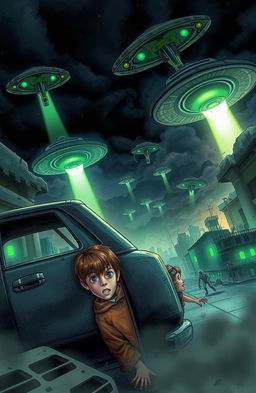 A thrilling scene depicting an alien invasion, with a young boy and girl hiding behind an abandoned car