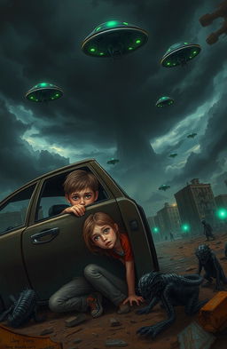 A thrilling scene depicting an alien invasion, with a young boy and girl hiding behind an abandoned car