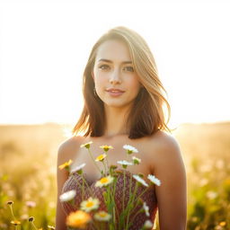 A beautiful young woman standing confidently in an open field, surrounded by wildflowers