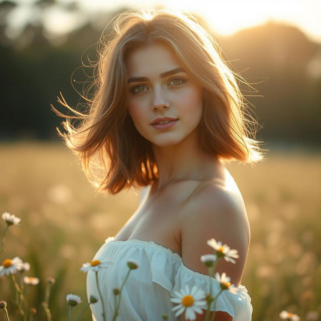 A beautiful young woman standing confidently in an open field, surrounded by wildflowers