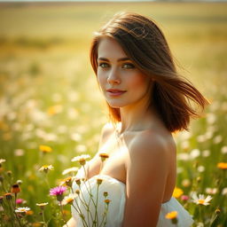 A beautiful young woman standing confidently in an open field, surrounded by wildflowers