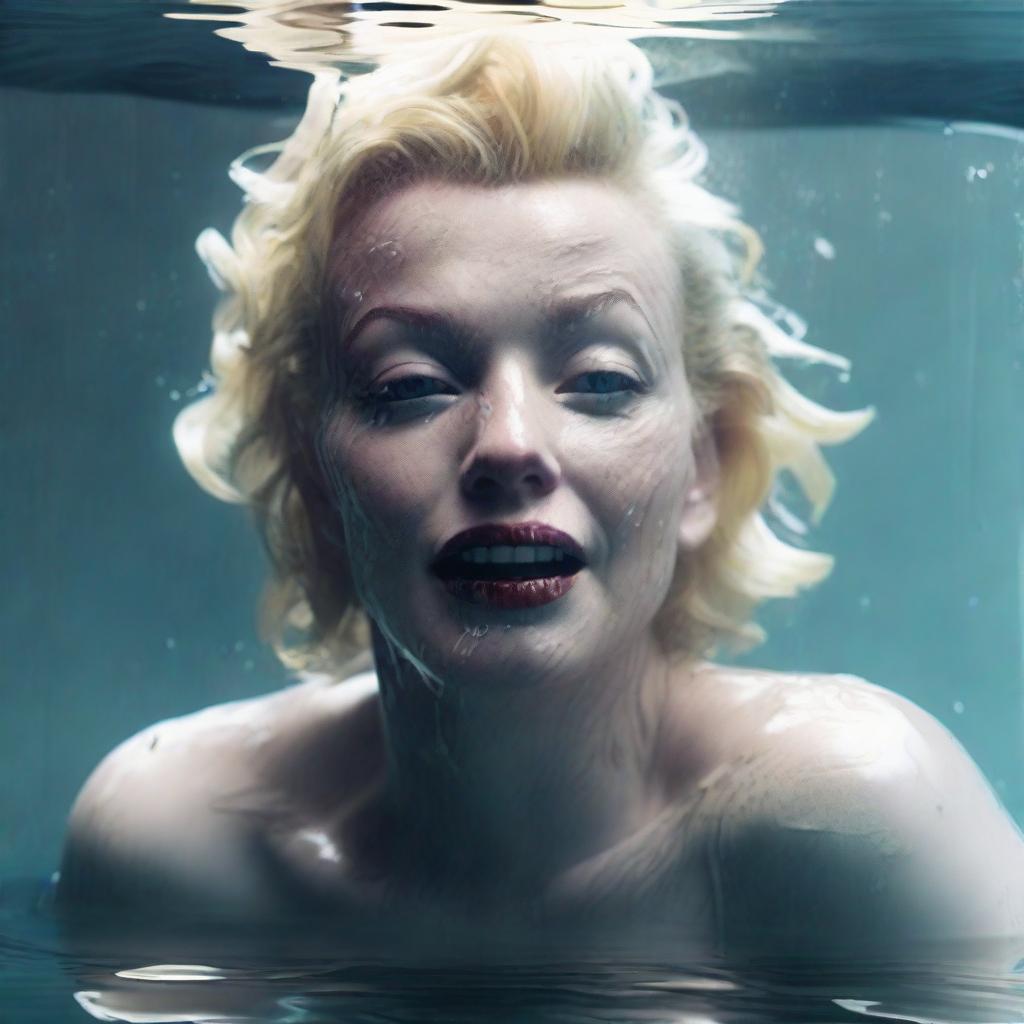 A hyper-realistic 9:16 portrait of Marilyn Monroe submerged in water rendered in dystopian realism, with Xbox 360 level graphics