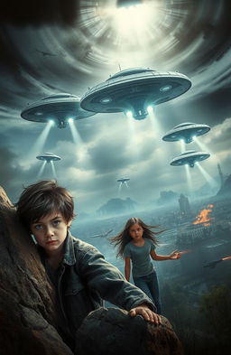 A dramatic scene depicting a thrilling alien invasion