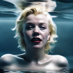 A hyper-realistic 9:16 portrait of Marilyn Monroe submerged in water rendered in dystopian realism, with Xbox 360 level graphics