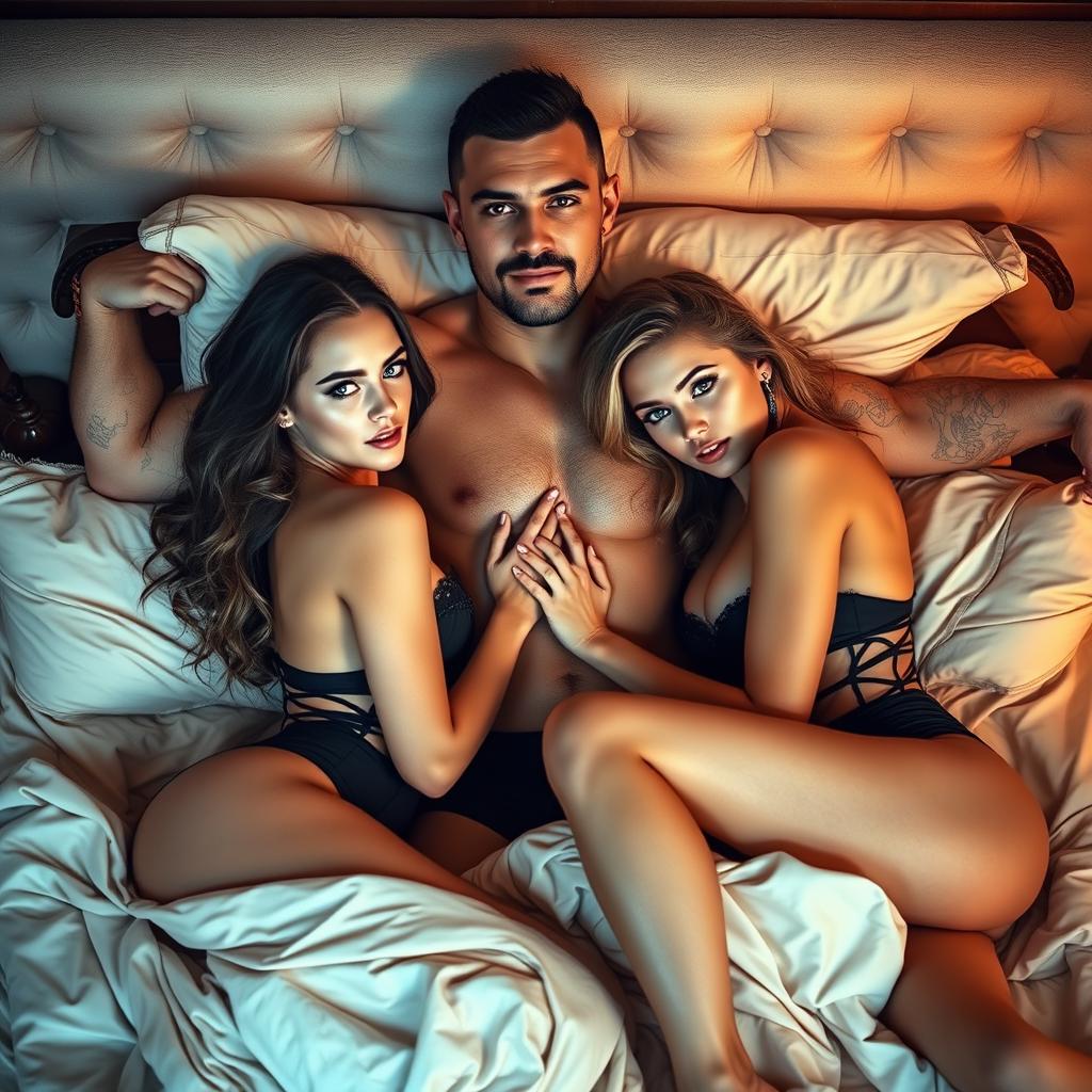 Two beautiful young women with striking blue eyes, elegantly dressed in sexy lingerie, are playfully arranged in a luxurious bed alongside a muscular and powerful man