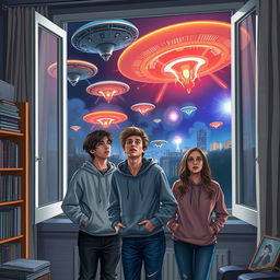 An alien invasion scene viewed from a university apartment window, featuring a young man and a young woman, both in their twenties, with expressions of awe and fear