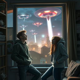 An alien invasion scene viewed from a university apartment window, featuring a young man and a young woman, both in their twenties, with expressions of awe and fear