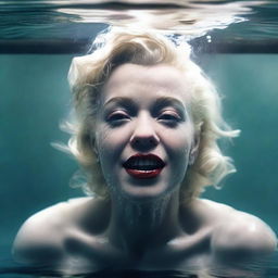 A hyper-realistic 9:16 portrait of Marilyn Monroe submerged in water rendered in dystopian realism, with Xbox 360 level graphics