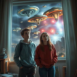 An alien invasion scene viewed from a university apartment window, featuring a young man and a young woman, both in their twenties, with expressions of awe and fear