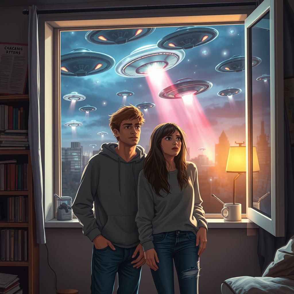 An alien invasion scene viewed from a university apartment window, featuring a young man and a young woman, both in their twenties, with expressions of awe and fear