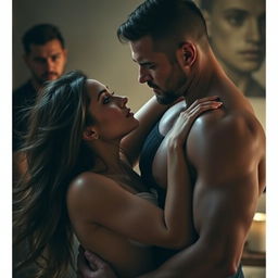 A strikingly beautiful woman with long flowing hair and captivating features is passionately engaging in an intimate encounter with a muscular man