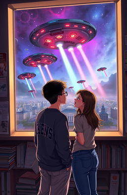 A scene depicting a thrilling alien invasion from the viewpoint of two university students, a boy and a girl, gazing through a large window