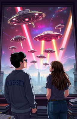 A scene depicting a thrilling alien invasion from the viewpoint of two university students, a boy and a girl, gazing through a large window