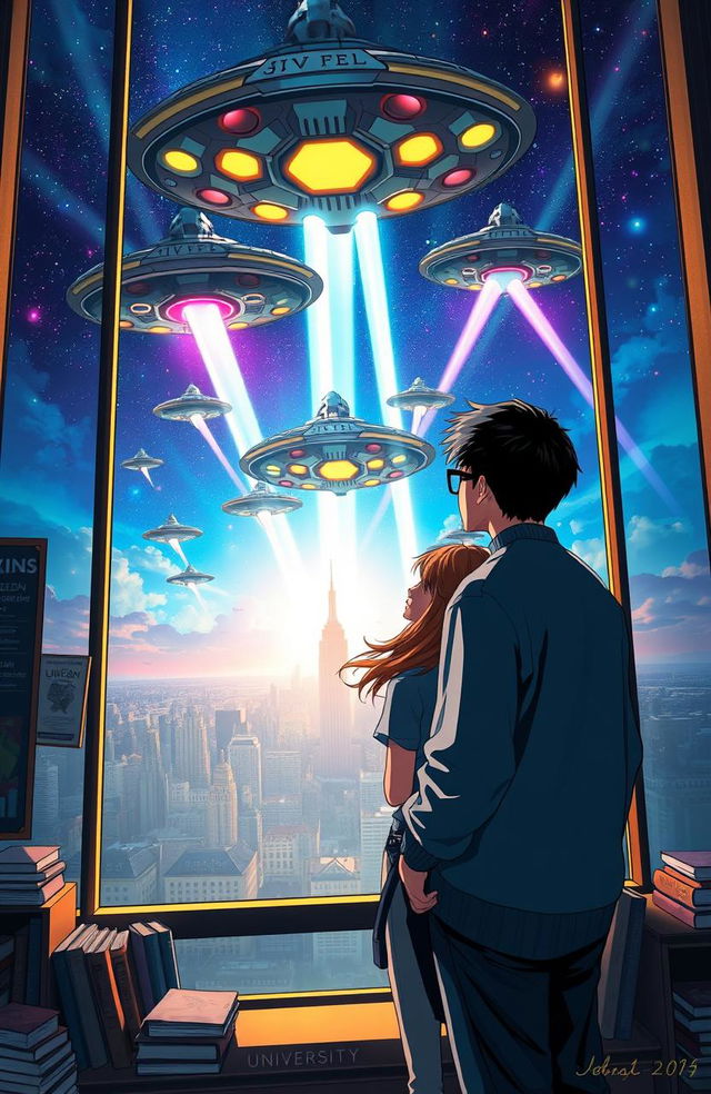 A scene depicting a thrilling alien invasion from the viewpoint of two university students, a boy and a girl, gazing through a large window