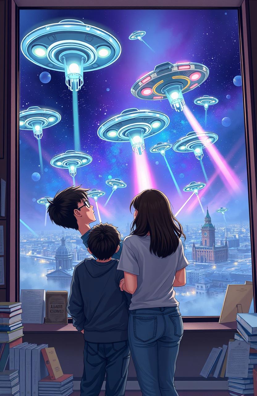 A scene depicting a thrilling alien invasion from the viewpoint of two university students, a boy and a girl, gazing through a large window