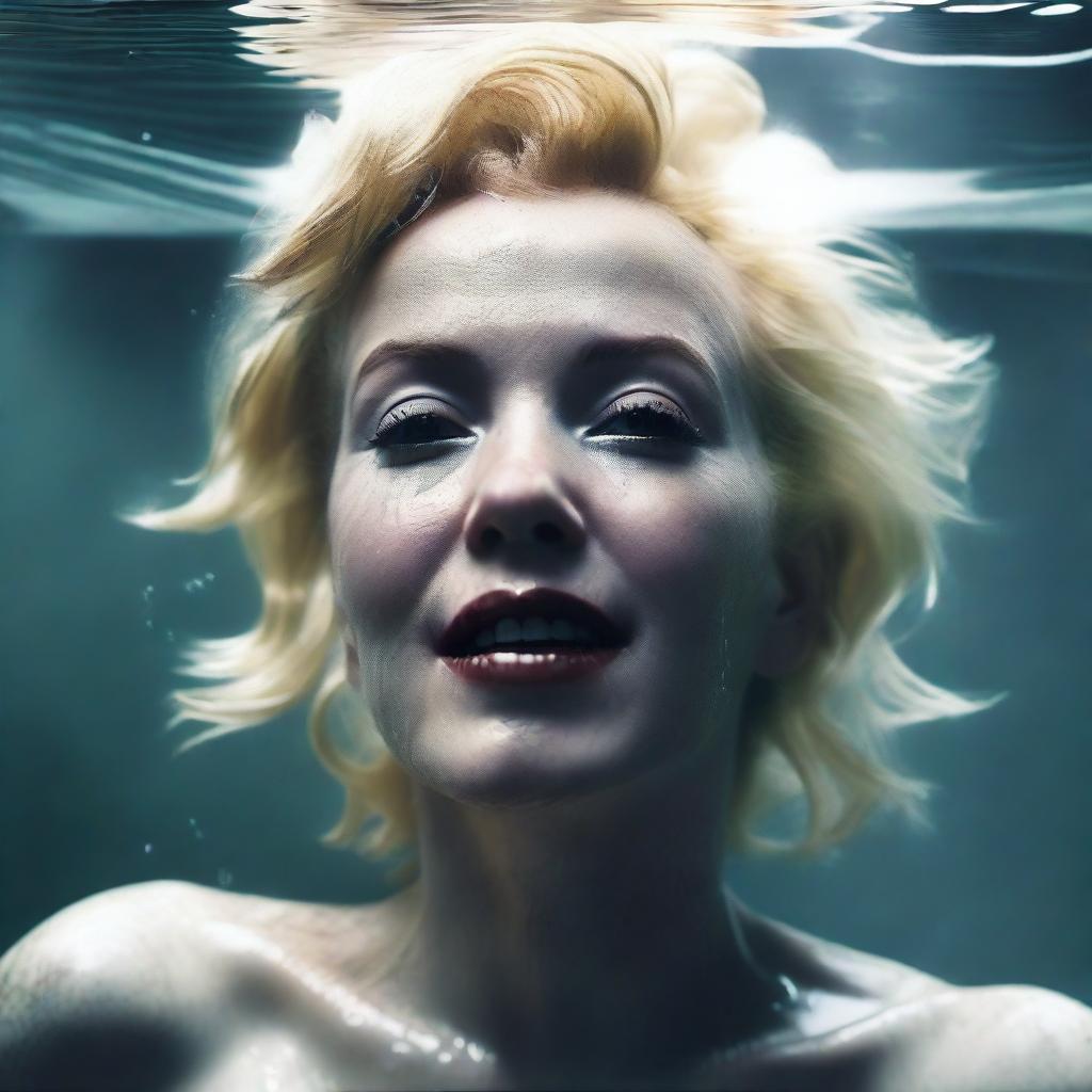 A hyper-realistic 9:16 portrait of Marilyn Monroe submerged in water rendered in dystopian realism, with Xbox 360 level graphics