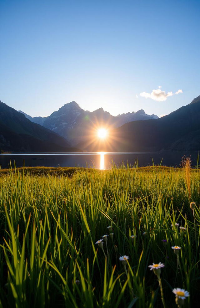 A serene landscape featuring a tranquil lake surrounded by majestic mountains under a bright blue sky, with the sun setting on the horizon casting golden hues on the water