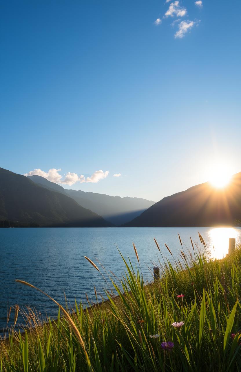 A serene landscape featuring a tranquil lake surrounded by majestic mountains under a bright blue sky, with the sun setting on the horizon casting golden hues on the water