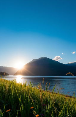 A serene landscape featuring a tranquil lake surrounded by majestic mountains under a bright blue sky, with the sun setting on the horizon casting golden hues on the water