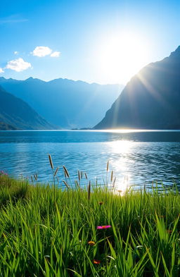 A serene landscape featuring a tranquil lake surrounded by majestic mountains under a bright blue sky, with the sun setting on the horizon casting golden hues on the water
