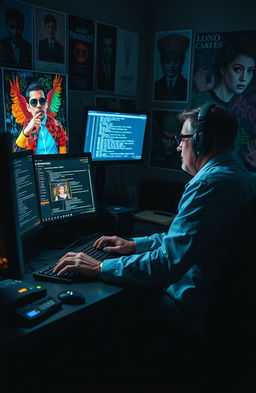 A dramatic scene depicting a cyber hacking scenario where a college professor is sneaking into the digital world of a famous artist