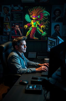 A dramatic scene depicting a cyber hacking scenario where a college professor is sneaking into the digital world of a famous artist