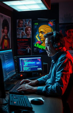 A dramatic scene depicting a cyber hacking scenario where a college professor is sneaking into the digital world of a famous artist