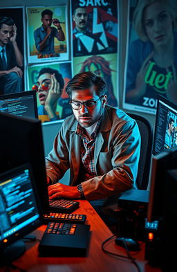 A dramatic scene depicting a cyber hacking scenario where a college professor is sneaking into the digital world of a famous artist