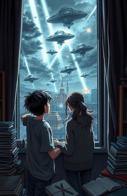A thrilling scene of an alien invasion with vivid details, depicting a university boy and girl peering out through a window, their expressions a mix of awe and fear