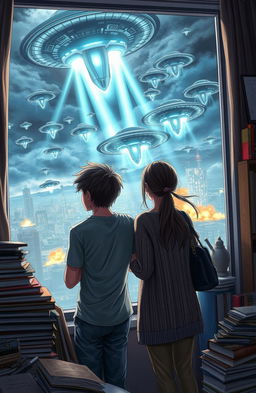 A thrilling scene of an alien invasion with vivid details, depicting a university boy and girl peering out through a window, their expressions a mix of awe and fear