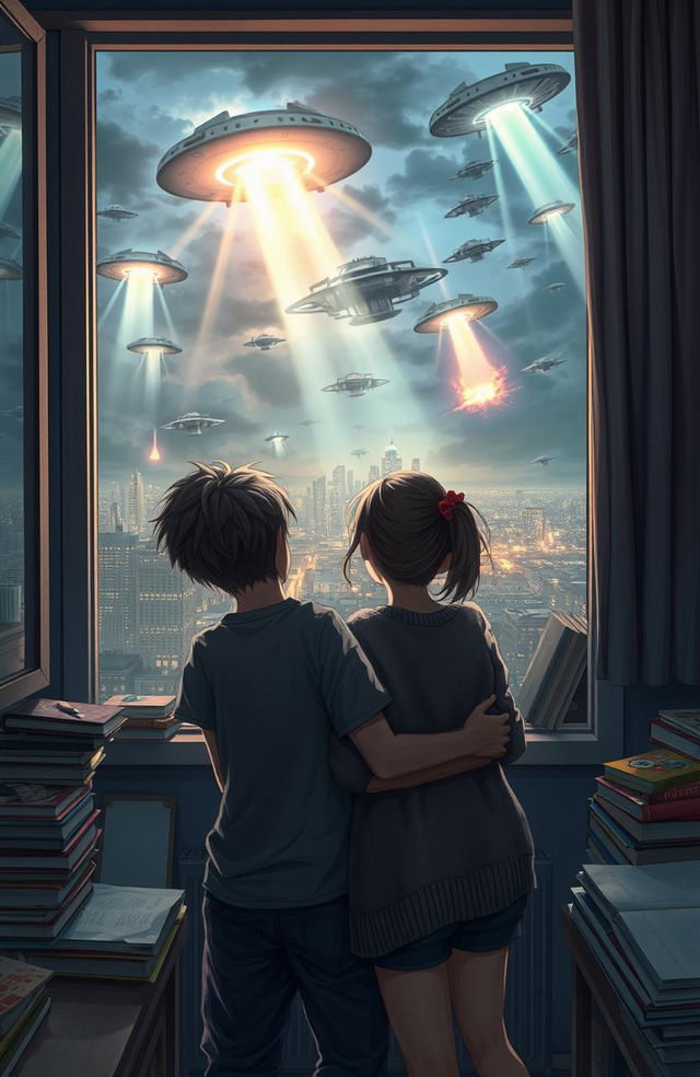 A thrilling scene of an alien invasion with vivid details, depicting a university boy and girl peering out through a window, their expressions a mix of awe and fear