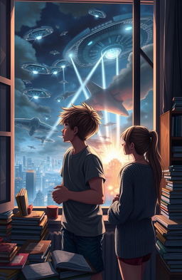 A thrilling scene of an alien invasion with vivid details, depicting a university boy and girl peering out through a window, their expressions a mix of awe and fear