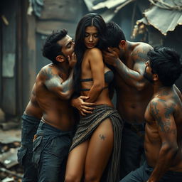 A captivating and artistic representation of a beautiful young Pakistani woman with long legs, set in a raw and emotive environment reminiscent of a slum