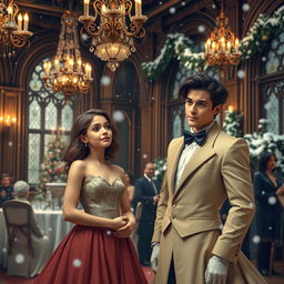 A humorous Christmas-themed scene depicting a girl who finds herself in a fantasy world alongside her ex-boyfriend, who has mysteriously transformed into a woman's body