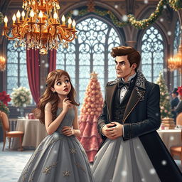 A humorous Christmas-themed scene depicting a girl who finds herself in a fantasy world alongside her ex-boyfriend, who has mysteriously transformed into a woman's body