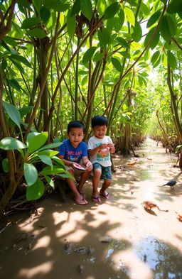 In the vibrant mangrove swamps of Bula, General Santos City, four friends—Na’e, Abdul, Jose, and Maria—excitedly exploring their unique ecosystem