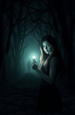 A dark and thrilling scene featuring a young woman alone in an eerie, dense forest