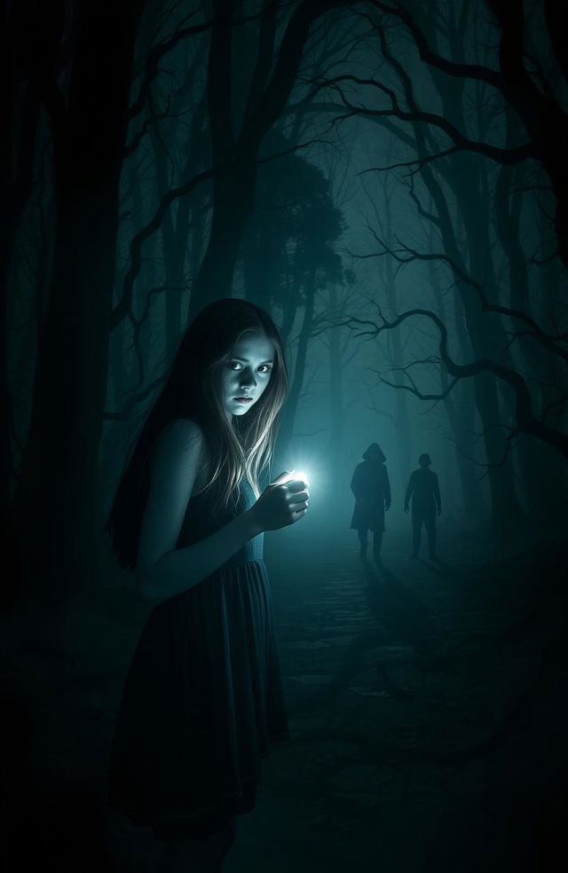 A dark and thrilling scene featuring a young woman alone in an eerie, dense forest