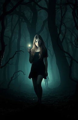 A dark and thrilling scene featuring a young woman alone in an eerie, dense forest