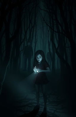 A dark and thrilling scene featuring a young woman alone in an eerie, dense forest