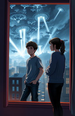 A dramatic scene depicting an alien invasion scene viewed through a window by two university students, a boy and a girl