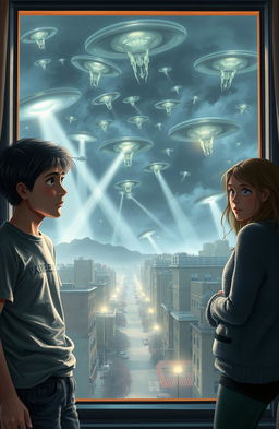 A dramatic scene depicting an alien invasion scene viewed through a window by two university students, a boy and a girl