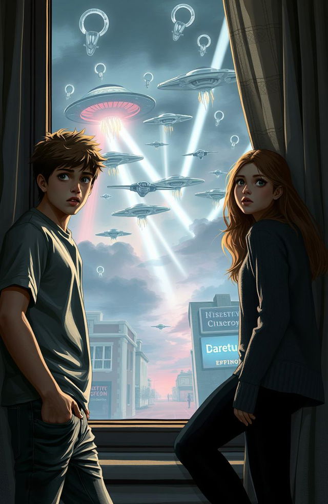 A dramatic scene depicting an alien invasion scene viewed through a window by two university students, a boy and a girl