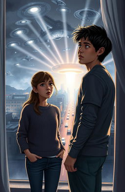 A dramatic scene depicting an alien invasion scene viewed through a window by two university students, a boy and a girl