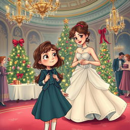 A whimsical book cover illustration depicting a girl who finds herself in a fantastical world during Christmas, alongside her ex-boyfriend who has transformed into a woman's body
