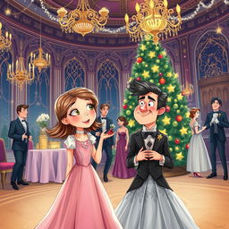 A whimsical book cover illustration depicting a girl who finds herself in a fantastical world during Christmas, alongside her ex-boyfriend who has transformed into a woman's body