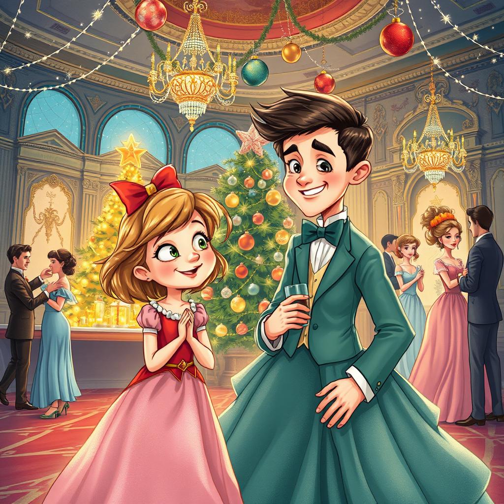 A whimsical book cover illustration depicting a girl who finds herself in a fantastical world during Christmas, alongside her ex-boyfriend who has transformed into a woman's body