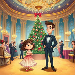 A whimsical book cover illustration depicting a girl who finds herself in a fantastical world during Christmas, alongside her ex-boyfriend who has transformed into a woman's body
